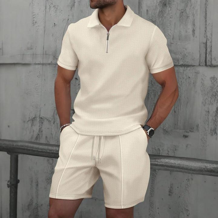 Lawson | Men's Cotton Zip-Neck Polo Shorts Set, Two-Piece Lounge Set | The Shrader Sisters | Black