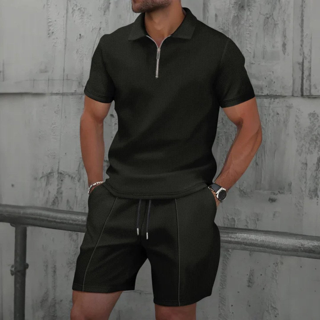 Lawson | Men's Cotton Zip-Neck Polo Shorts Set, Two-Piece Lounge Set | The Shrader Sisters | Navy Blue