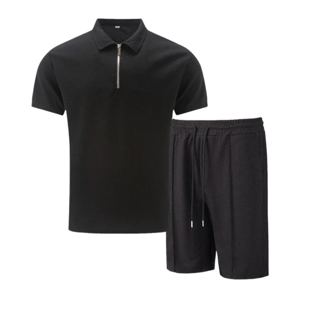 Lawson | Men's Cotton Zip-Neck Polo Shorts Set, Two-Piece Lounge Set | The Shrader Sisters | Dark Green