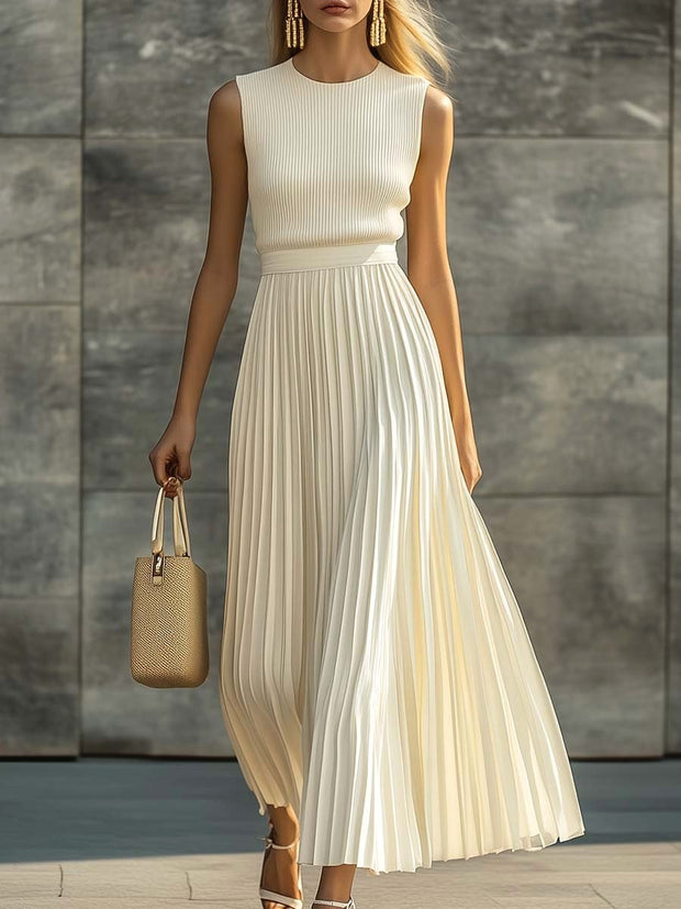 Lilliana | Women's Sleeveless Knit Pleated Maxi Dress, Chiffon Evening Dress | The Shrader Sisters | Cream