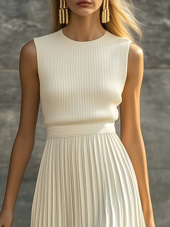 Lilliana | Women's Sleeveless Knit Pleated Maxi Dress, Chiffon Evening Dress | The Shrader Sisters
