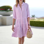 Lily | Women's Linen Striped Collared Midi Dress, Flattering Summer Dress for Holidays and Everyday Wear, Flattering Summer Dress for Holidays and Everyday Wear - Purple