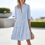 Lily | Women's Linen Striped Collared Midi Dress, Flattering Summer Dress for Holidays and Everyday Wear, Flattering Summer Dress for Holidays and Everyday Wear - Light Blue