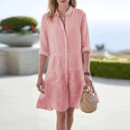 Lily | Women's Linen Striped Collared Midi Dress, Flattering Summer Dress for Holidays and Everyday Wear, Flattering Summer Dress for Holidays and Everyday Wear - Red