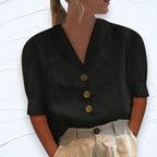 Lily | Women's Linen Top with V-Neckline, Cap Sleeve Blouse | The Shrader Sisters | Black