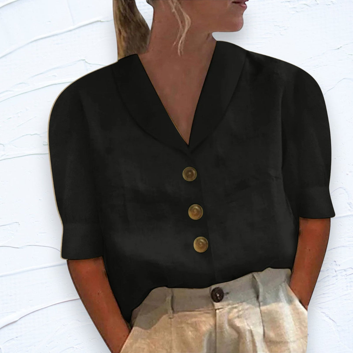 Lily | Women's Linen Top with V-Neckline, Cap Sleeve Blouse | The Shrader Sisters | Black