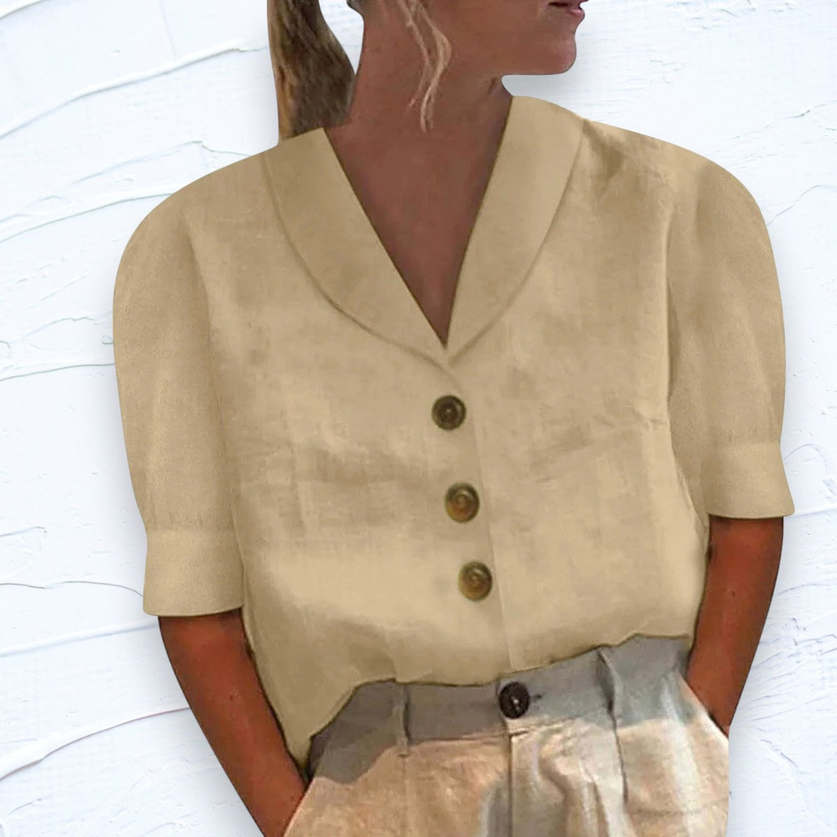Lily | Women's Linen Top with V-Neckline, Cap Sleeve Blouse | The Shrader Sisters | Beige