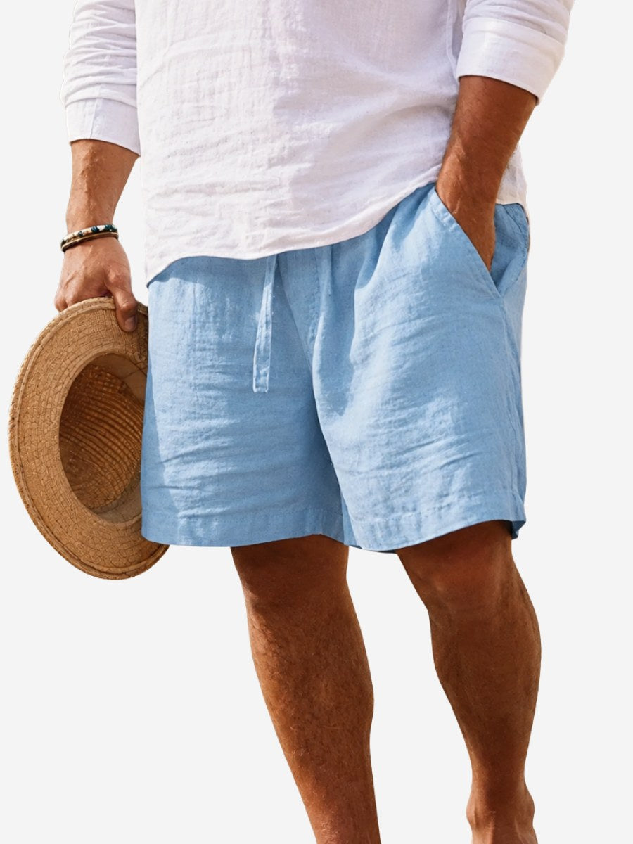 Lincoln | Men's Relaxed Cotton and Linen Shorts, Drawstring Waist Shorts | The Shrader Sisters | Light Blue