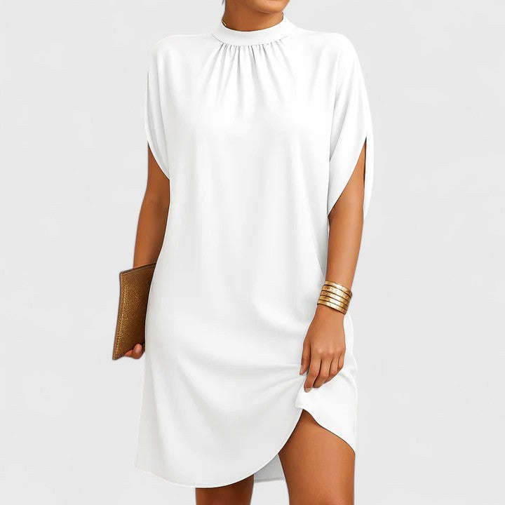Macey | Women's Fitted Midi Dress, Ruched Neckline Evening Dress | The Shrader Sisters