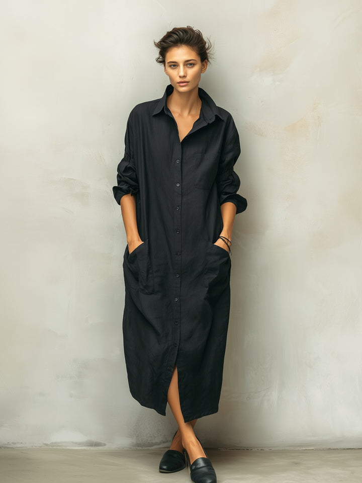 Mackenzie | Women's Black Cotton Linen Shirt Collar Dress