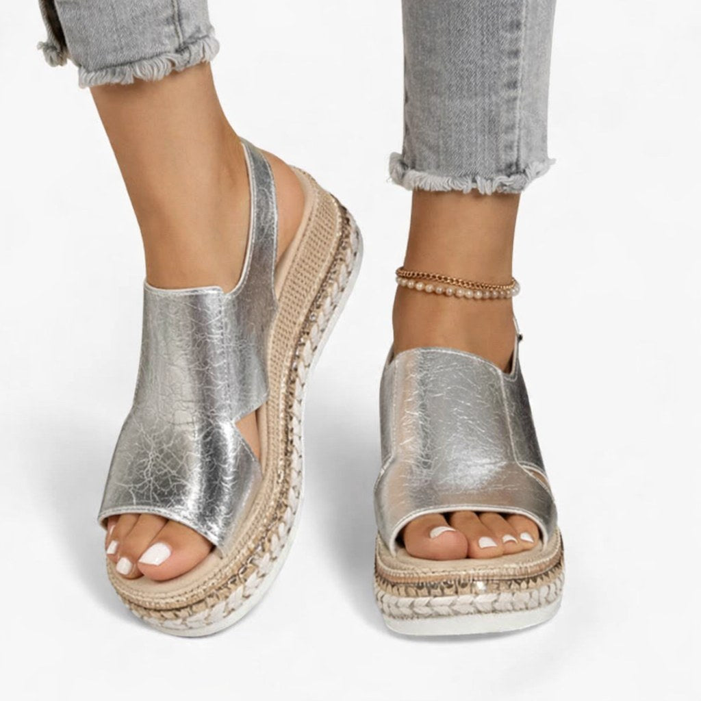 Mackenzie | Women's Metallic Wedge Sandals, Supportive Comfort Sandals | The Shrader Sisters | Silver