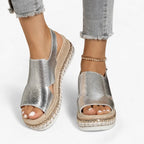 Mackenzie | Women's Metallic Wedge Sandals, Supportive Comfort Sandals | The Shrader Sisters | Silver