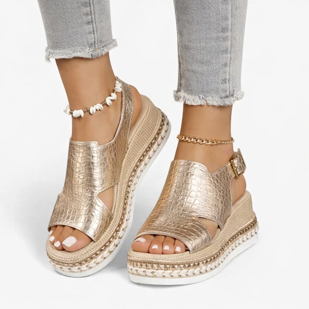 Mackenzie | Women's Metallic Wedge Sandals, Supportive Comfort Sandals | The Shrader Sisters | Gold