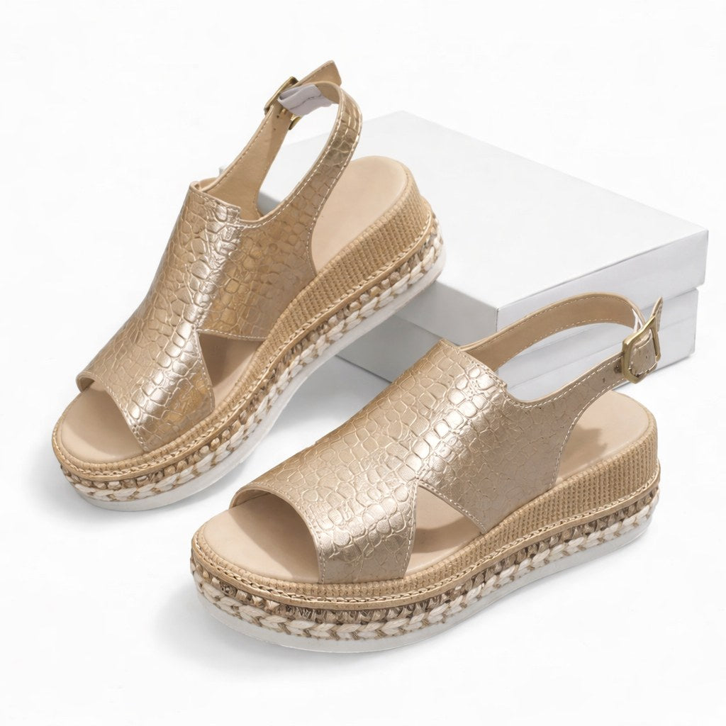 Mackenzie | Women's Metallic Wedge Sandals, Supportive Comfort Sandals | The Shrader Sisters