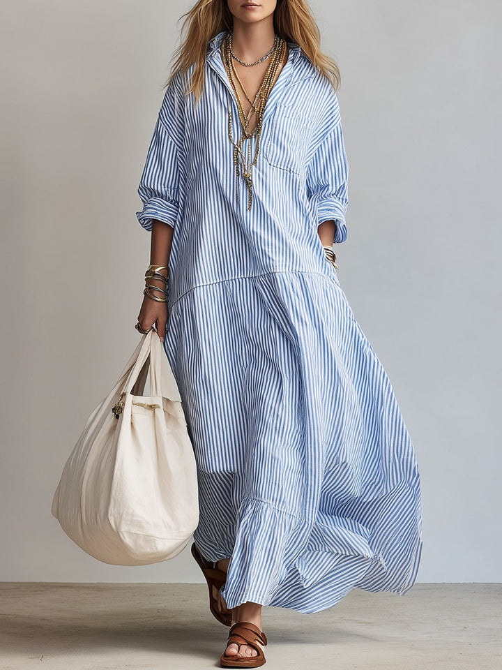 Mackenzie | Women's Striped Button-Front Maxi Shirt Dress - Blue
