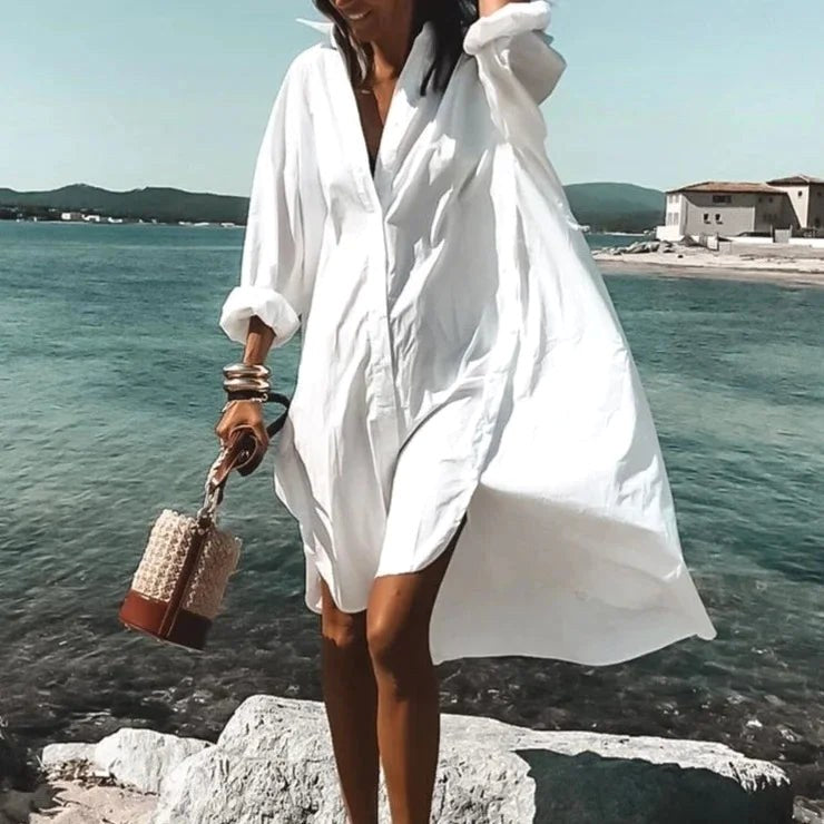 Maddison | Women's Fluid Shirt Dress White, Flowing Shirt Dress | The Shrader Sisters
