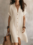 Maddison | Women's Linen Cotton Shirt Midi Dress, Buttoned Everyday Dress | The Shrader Sisters