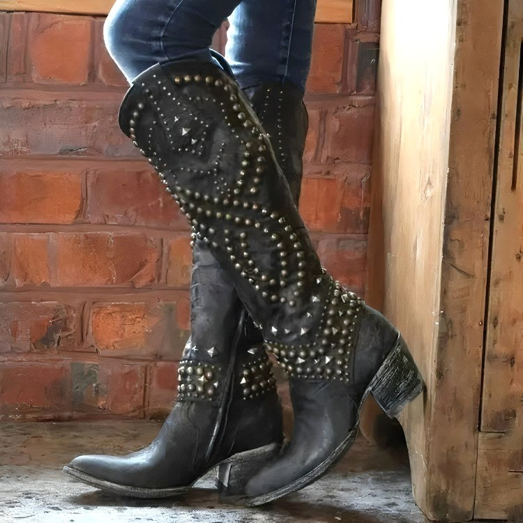 Maddison | Women's Orthopedic Knee-High Boots, Pointed Toe Block Heel Boots | The Shrader Sisters | Black