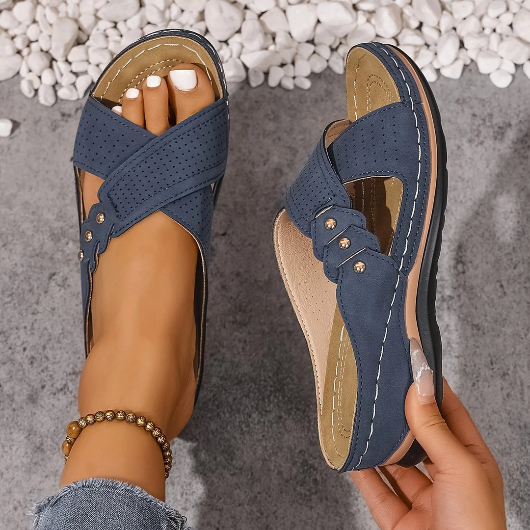 Maddison | Women's Orthopedic Wedge Sandals, Supportive Summer Sandals | The Shrader Sisters | Blue