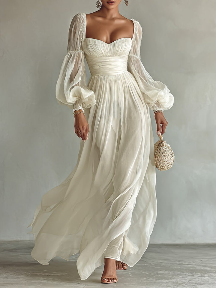Madison | Women's Chiffon Square Neck Long Sleeve Maxi Dress - White