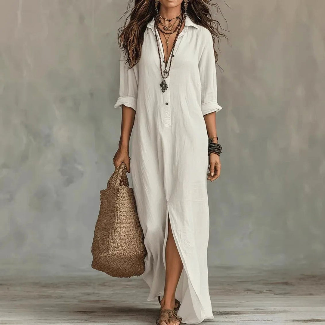 Madison | Women's Linen Long Shirt Dress - White