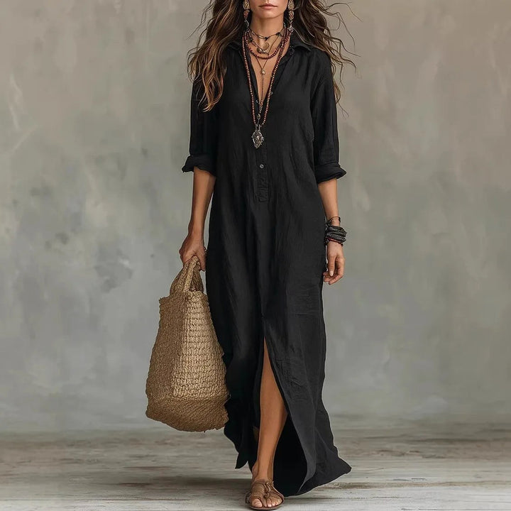 Madison | Women's Linen Long Shirt Dress - Black