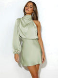 Madison | Women's One-Shoulder Asymmetrical Satin Midi Dress, Flowy Summer Occasionwear for Holidays and Special Events, Flowy Summer Occasionwear for Holidays and Special Events - Donkergroen