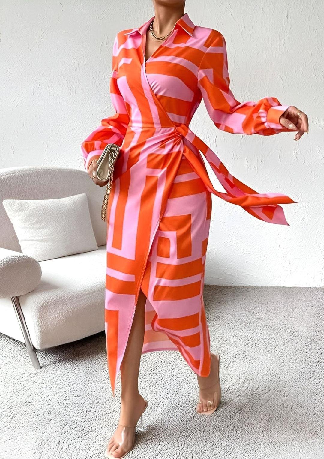 Madison | Women's Printed Waist-Cinching Shirt Dress - Orange