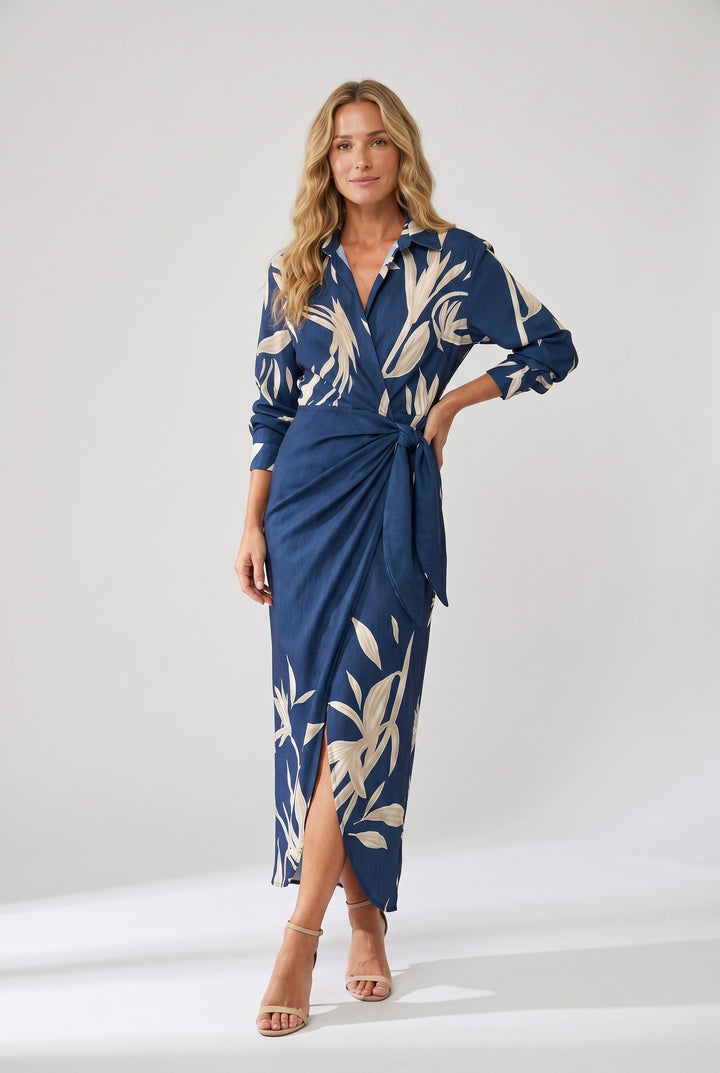Mallory | Women's Leaf Print Maxi Wrap Dress - Orange