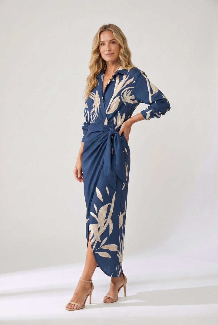 Mallory | Women's Leaf Print Maxi Wrap Dress - Light Blue