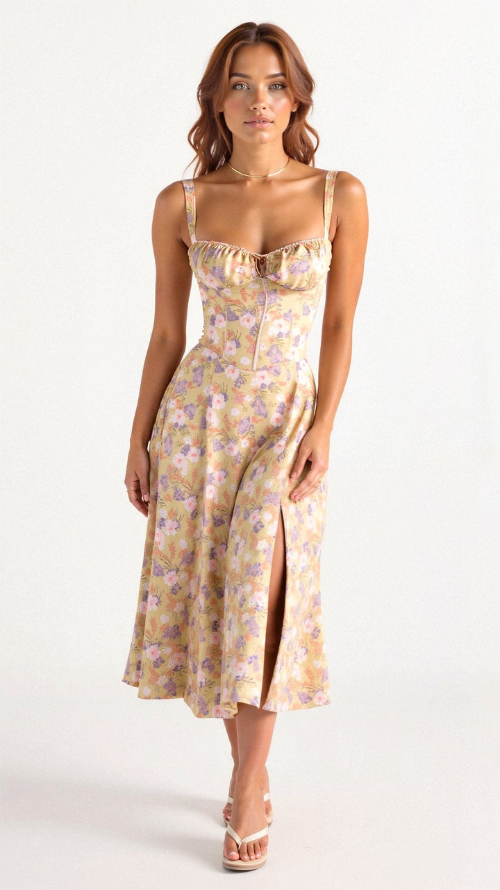 Maris | Women's Floral Midi Dress - Yellow