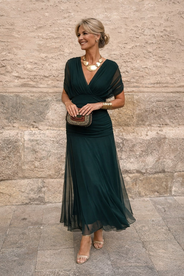 Marlee | Women's Chiffon Maxi Dress with V-Neckline, Wrap-Style Maxi Dress | The Shrader Sisters | Dark Green