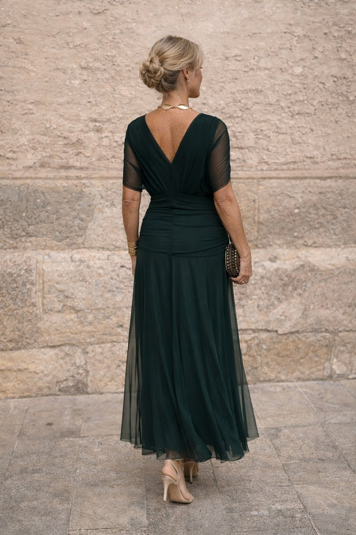 Marlee | Women's Chiffon Maxi Dress with V-Neckline, Wrap-Style Maxi Dress | The Shrader Sisters | Red