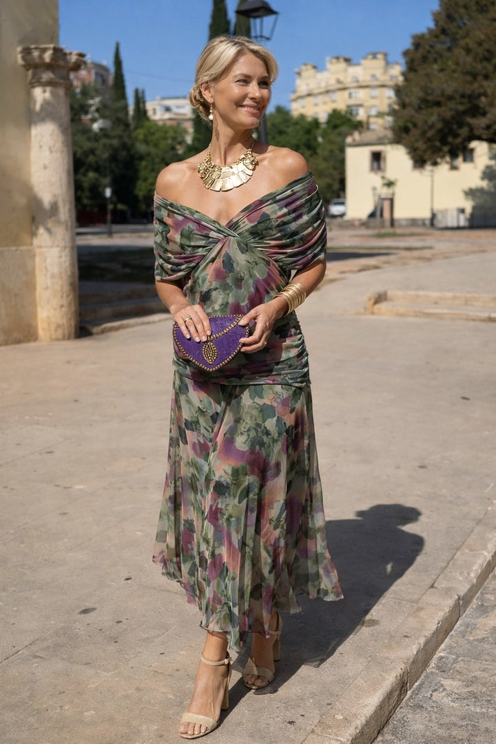 Marlee | Women's Chiffon Maxi Dress with V-Neckline, Wrap-Style Maxi Dress | The Shrader Sisters | Brown