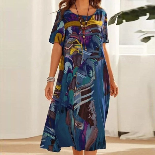 Marlowe | Women's Mid-Calf Midi Dress, Short Sleeve Everyday Dress | The Shrader Sisters | Blue