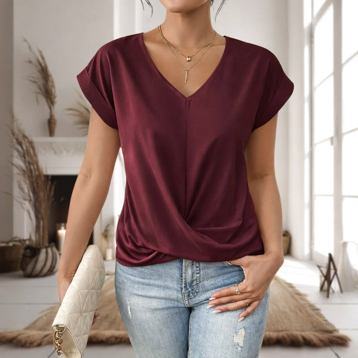 Marnie | Women's Sweetheart Neckline T-Shirt, Flattering Everyday Top | The Shrader Sisters | Burgundy red