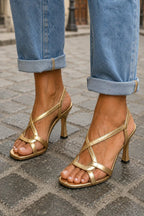 Matilda | Women's Metallic Cross-Strap Sandals, Golden Heel Sandals | The Shrader Sisters