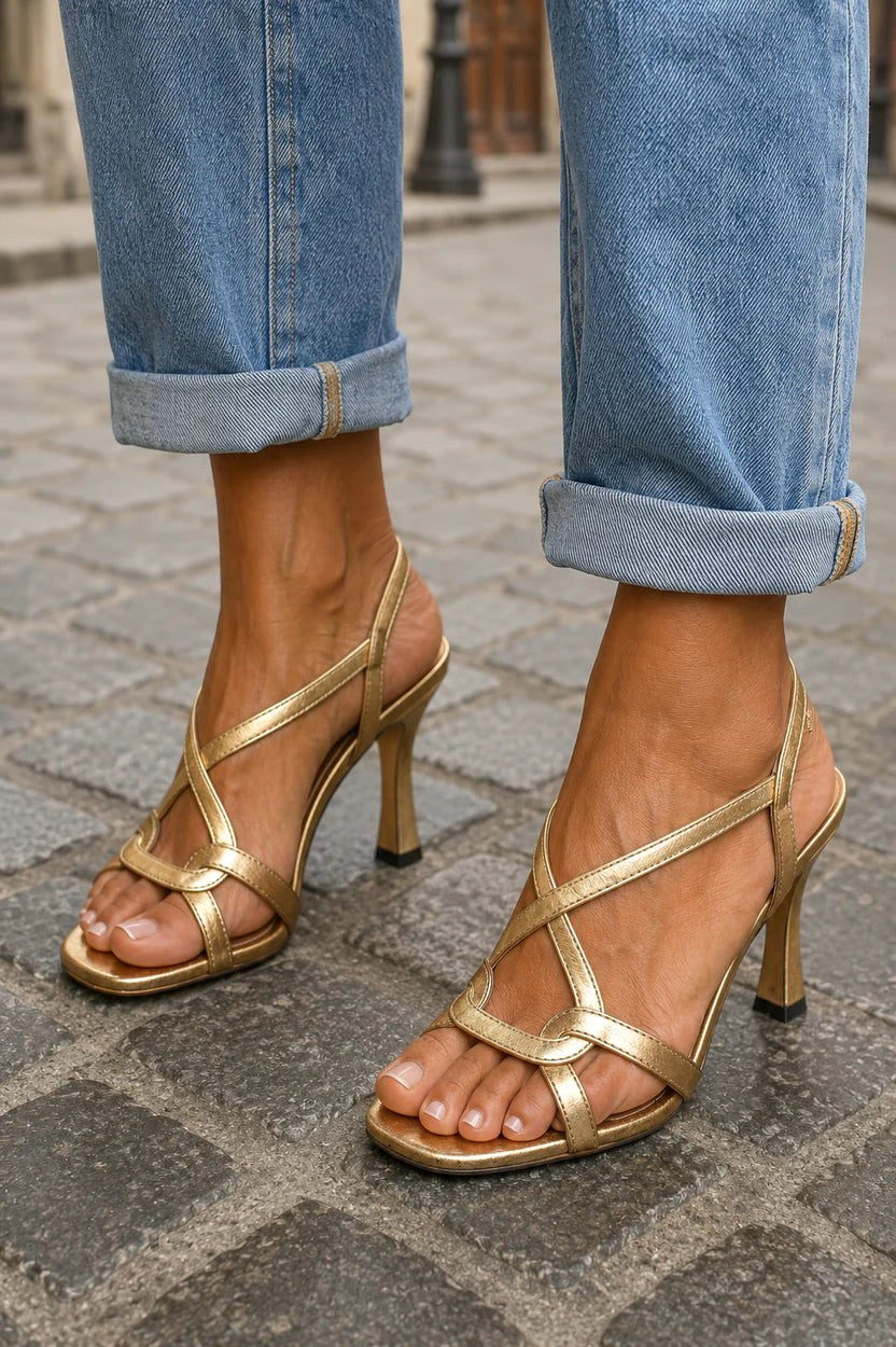 Matilda | Women's Metallic Cross-Strap Sandals, Golden Heel Sandals | The Shrader Sisters