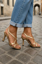 Matilda | Women's Metallic Cross-Strap Sandals, Golden Heel Sandals | The Shrader Sisters