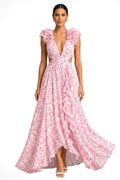 Melinda | Women's Floral Maxi Dress with V-Neck and Ruffled Shoulders, Wedding Guest Dress | The Shrader Sisters | Pink