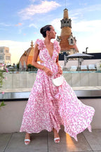 Melinda | Women's Floral Maxi Dress with V-Neck and Ruffled Shoulders, Wedding Guest Dress | The Shrader Sisters | Orange