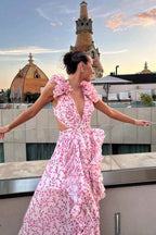 Melinda | Women's Floral Maxi Dress with V-Neck and Ruffled Shoulders, Wedding Guest Dress | The Shrader Sisters