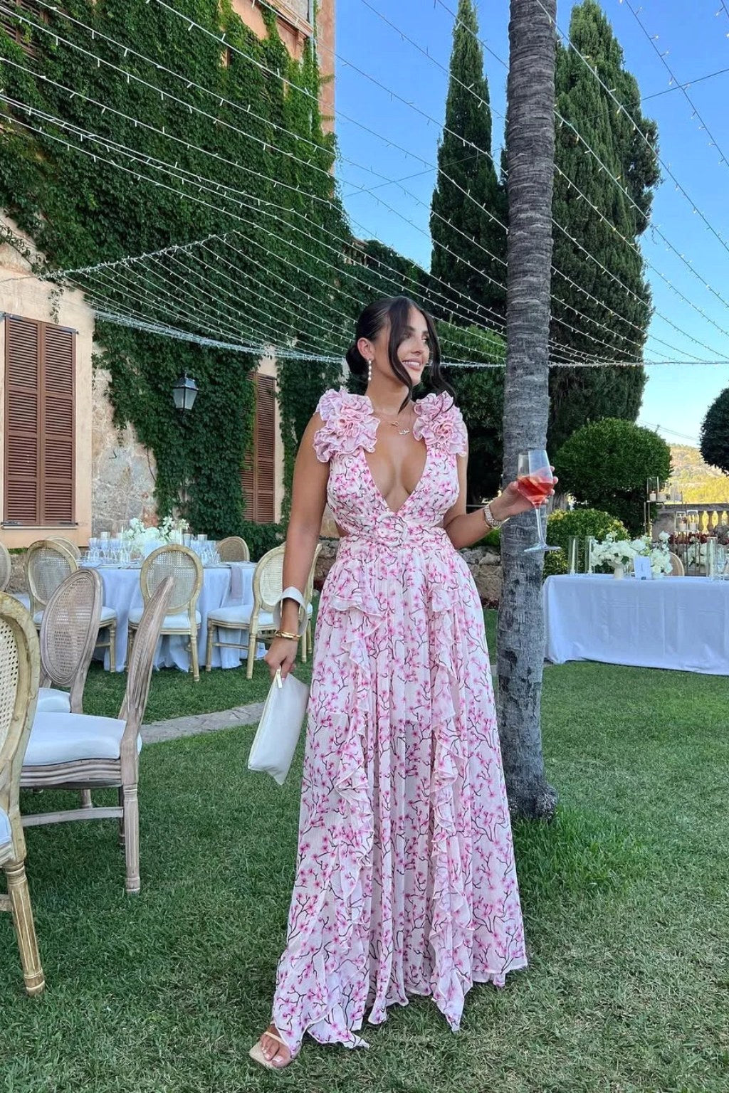 Melinda | Women's Floral Maxi Dress with V-Neck and Ruffled Shoulders, Wedding Guest Dress | The Shrader Sisters