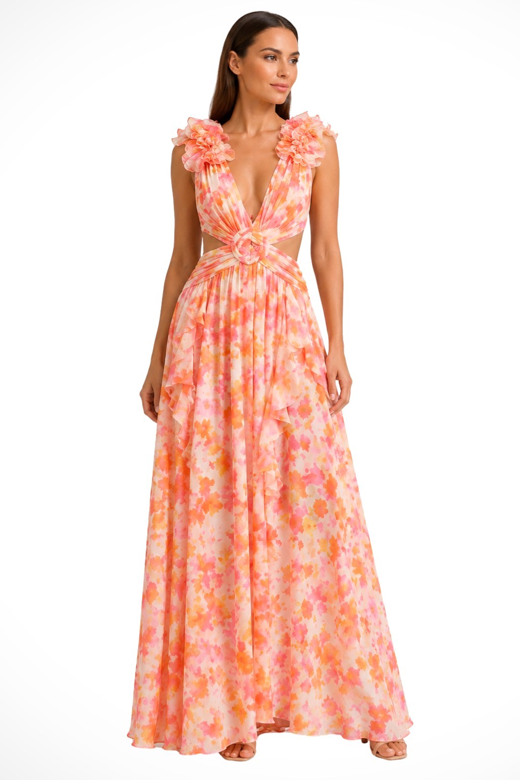 Melinda | Women's Floral Maxi Dress with V-Neck and Ruffled Shoulders, Wedding Guest Dress | The Shrader Sisters