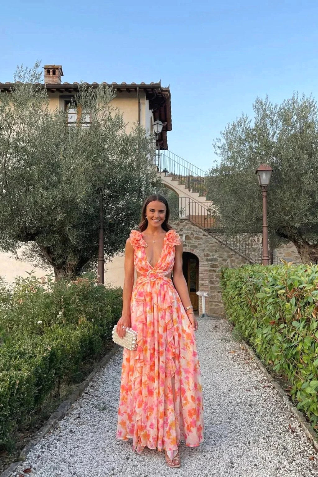 Melinda | Women's Floral Maxi Dress with V-Neck and Ruffled Shoulders, Wedding Guest Dress | The Shrader Sisters