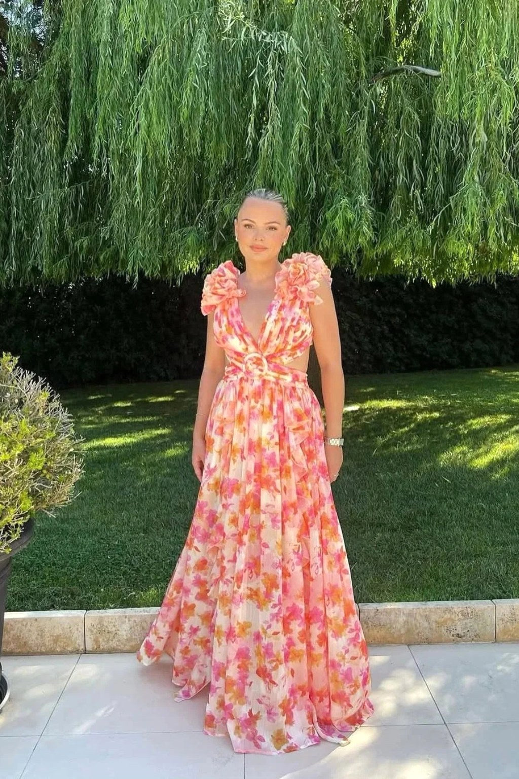 Melinda | Women's Floral Maxi Dress with V-Neck and Ruffled Shoulders, Wedding Guest Dress | The Shrader Sisters