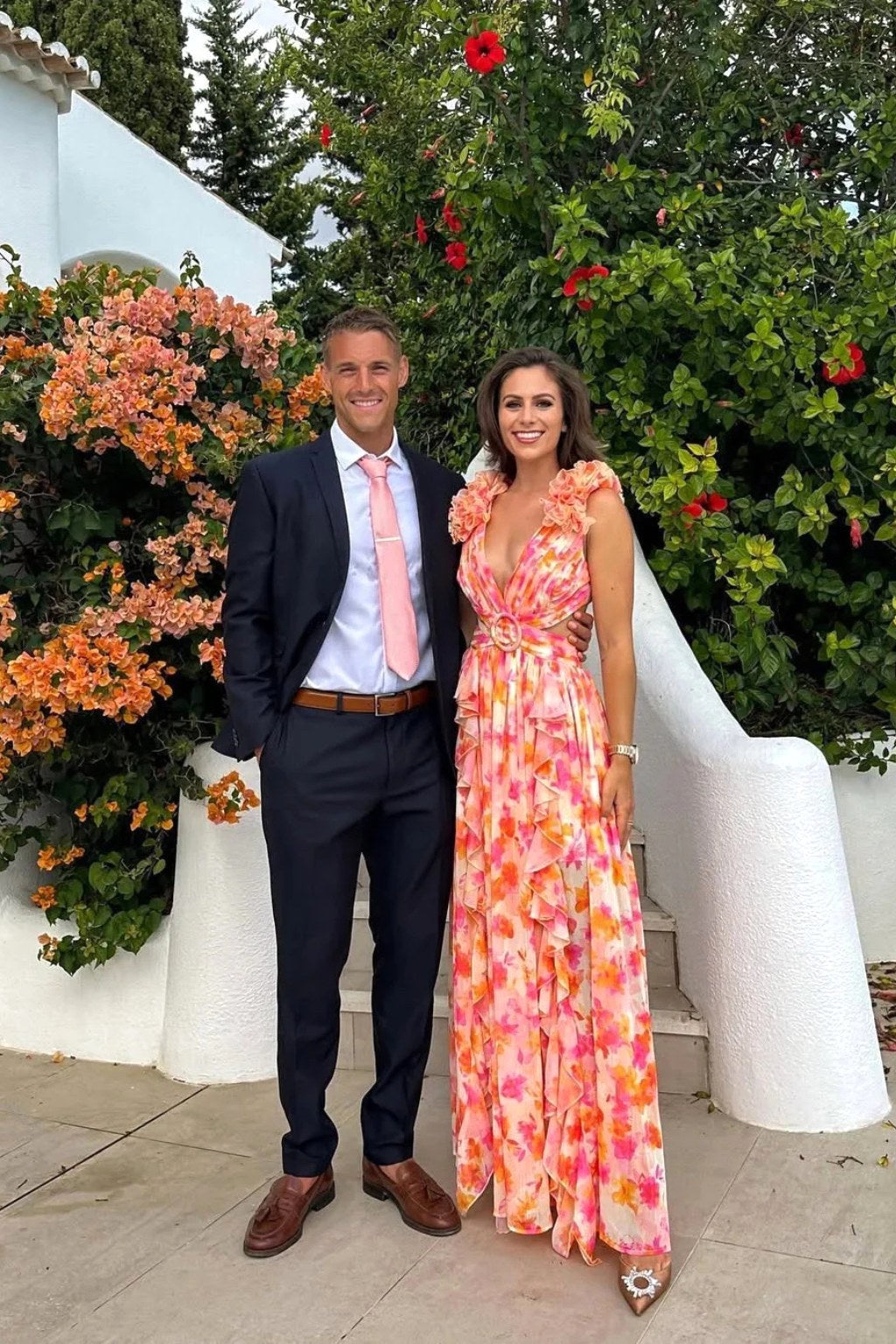 Melinda | Women's Floral Maxi Dress with V-Neck and Ruffled Shoulders, Wedding Guest Dress | The Shrader Sisters