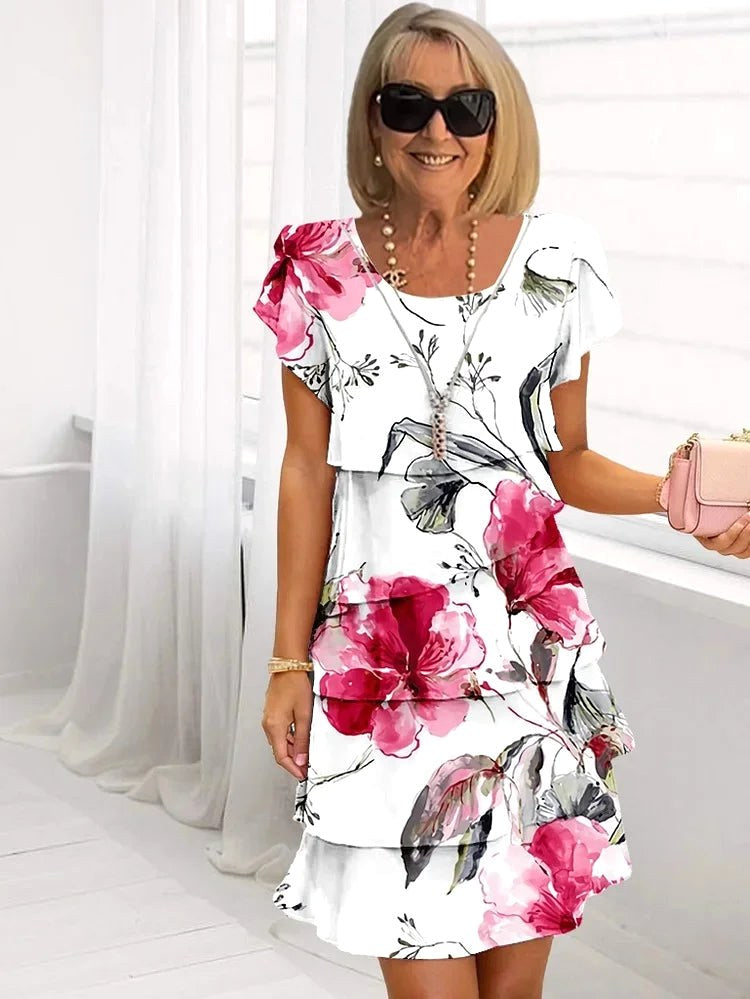Mia | Women's Chic Ruffled Floral Pleated Dress - White