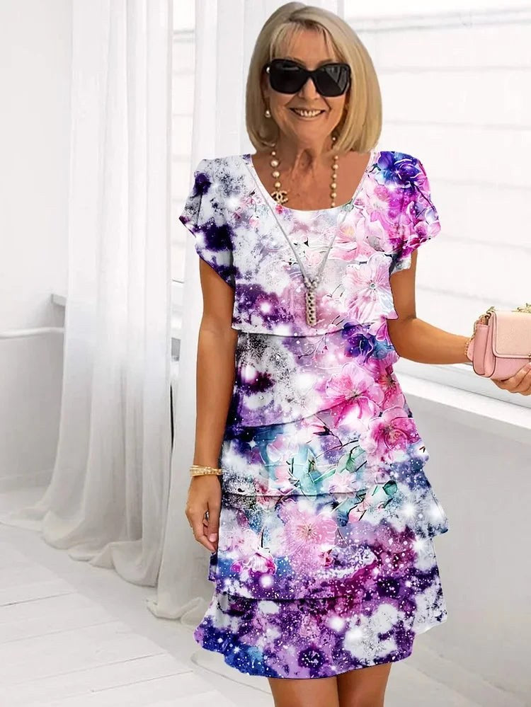 Mia | Women's Chic Ruffled Floral Pleated Dress - Purple
