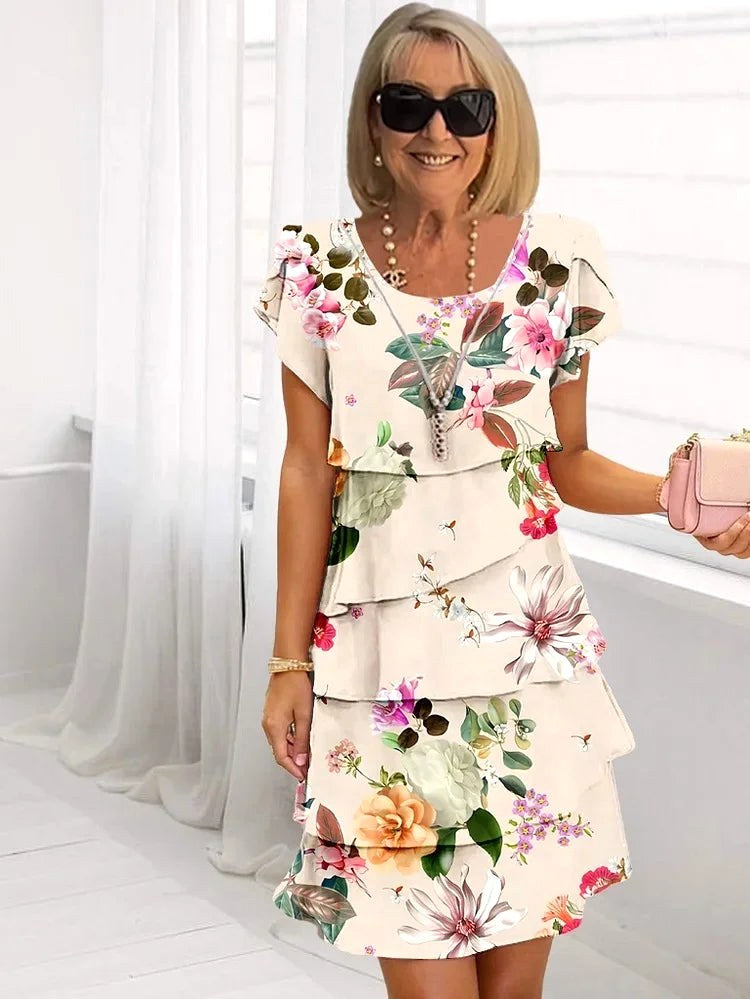 Mia | Women's Chic Ruffled Floral Pleated Dress - Beige